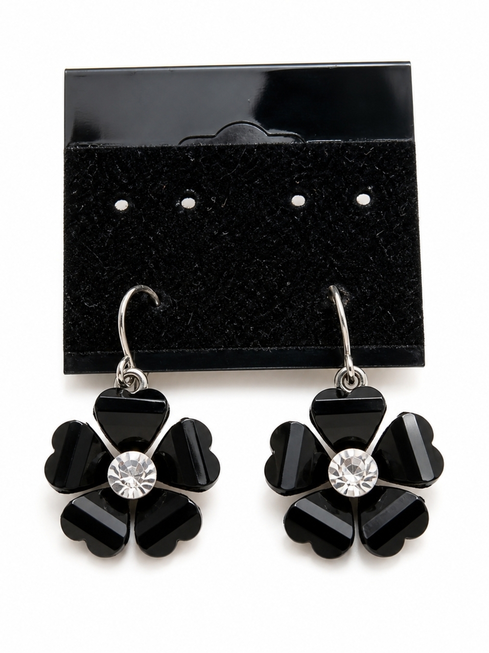 Black Flower Statement Earrings Rhinestone Center Y2K Retro Dangle Cute